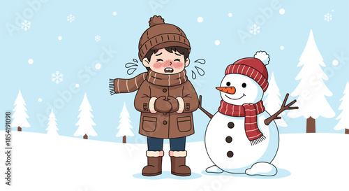 Little boy wearing warm winter clothes crying in the snow next to a friendly snowman in a beautiful pine tree forest landscape.