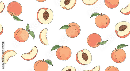 Seamless pattern of ripe peaches including whole fruits with leaves, halves showing the pit, and thin slices scattered on a white background.
