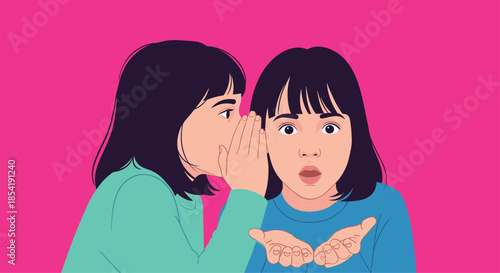 Two young girls with dark hair sharing a secret as one whispers into the other ear while the friend looks surprised on a pink background.