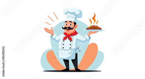 Friendly cartoon chef with a large mustache wearing a white uniform and red scarf presents a steaming hot gourmet dish on a plate.