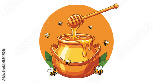 Golden honey pot overflowing with sweet nectar is surrounded by busy little honeybees and green leaves against a warm orange circle.