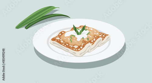 Traditional Indonesian serabi pancakes served on a white plate with coconut milk sauce and pandan leaf garnish on a light grey background.