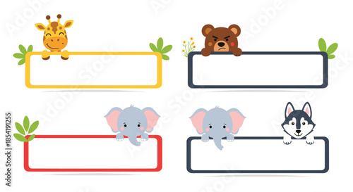 Collection of cute animal themed banners featuring a giraffe, bear, elephant, and husky dog peeking over blank white rectangular frames.
