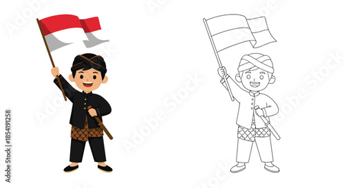 Young Indonesian boy in traditional Javanese black outfit holding the red and white national flag beside its black and white outline.