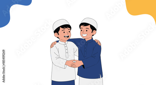Two young Muslim boys wearing white and blue traditional shirts and caps are hugging each other as a sign of friendship and brotherhood.