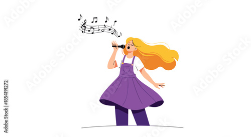 Talented young girl with long blonde hair sings into a microphone while surrounded by floating musical notes on a white background.