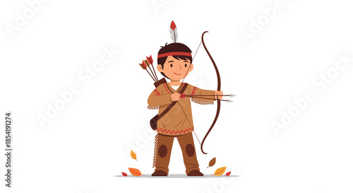 Young Native American boy dressed in traditional fringed clothing stands with a bow and arrows while autumn leaves fall around him.