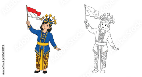 Young girl wearing traditional blue Indonesian costume is proudly holding the national flag next to a black and white outline version.