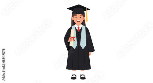 Happy young girl graduate wearing a black academic cap and gown holds her diploma scroll against a plain white background.