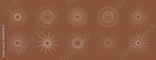 Collection of gold boho sun rays line icons with various retro, geometric, and radiating line designs