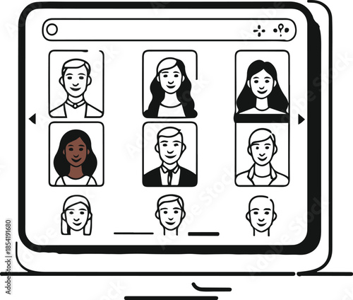 Digital Portraits: A digital screen displays a selection of stylized portraits, each representing a unique individual, within a modern web interface. Reflecting connection, community.