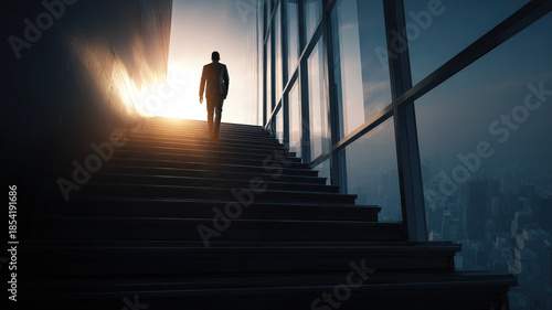 Business Person Climbing Stairs Toward Bright Light in Modern Office Building Success Career Growth Ambition Concept