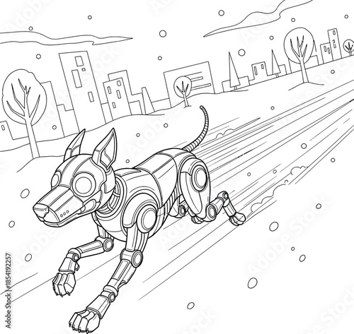 Futuristic Robotic Dog Running Through a Snowy City Park, AI Powered Cyber Pet, Advanced Robotics Technology Illustration
