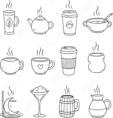 Collection of hand drawn beverage containers with steaming hot drinks depicted in outline