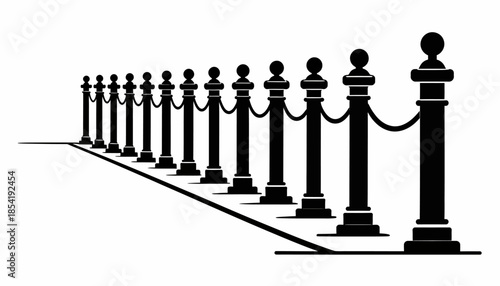 Black and white illustration of a stanchion queue, a barrier for crowd control.