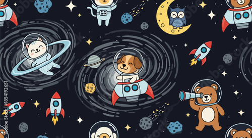 Cute cartoon animals in space suits explore the galaxy on rockets and spaceships amidst stars and planets.