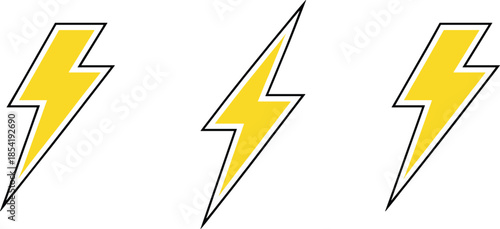 Set of three yellow lightning bolt icons with black outlines representing power energy and electricity symbols