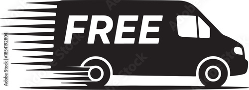 Black silhouette of a modern van with the word FRE in white letters on its side and speed lines indicating rapid delivery also transparent background