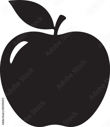Simple black silhouette of a single ripe apple with a stem and leaf against a white background representing healthy food and education also transparent background