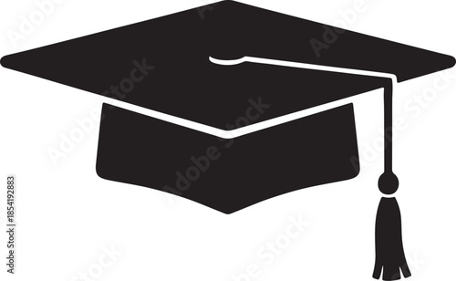 Simple black silhouette of a square academic graduation cap with a dangling tassel, symbolizing higher education and the completion of studies also transparent background