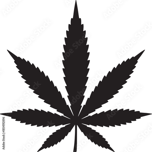 Stylized black silhouette of a leaf with serrated edges, representing hemp, and related plant imagery in a format also transparent background