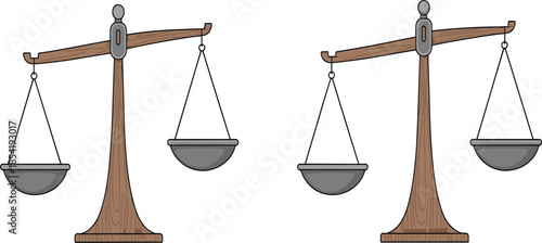 Set of two wooden mechanical balance scales with hanging metal bowls for justice and law concepts vector