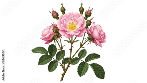 Beautiful pink roses with green leaves and buds