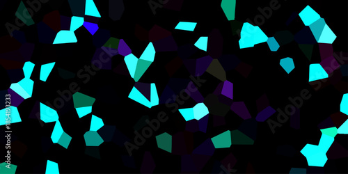 Dynamic abstract composition featuring scattered bright cyan and purple polygonal fragments against a deep black background, evoking a sense of cosmic or digital energy