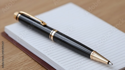 An elegant black and gold pen rests on a white lined notebook on a wooden desk surface