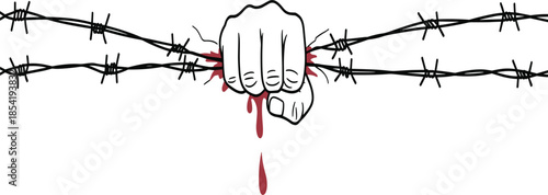 Hand gripping barbed wire with dripping blood conceptual illustration for human rights freedom and prisoner protest