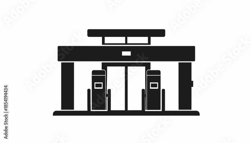 Black and white vector illustration of a gas station.