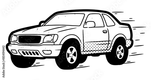 Hand Drawn Vector Illustration of a Fast Moving Car with Speed Lines - Black and White Doodle Sketch of an Automobile Racing Isolated on White Background