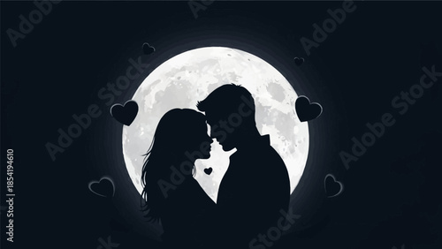 Romantic silhouette of a couple in love under the full moon with hearts floating around them.