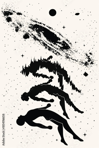 Surreal Vector Silhouette Illustration of Figures Floating in Deep Space with Galaxy and Energy Waves. Minimalist Black and White Graphic Art for Spiritual, Astral, and Metaphysical Concepts.