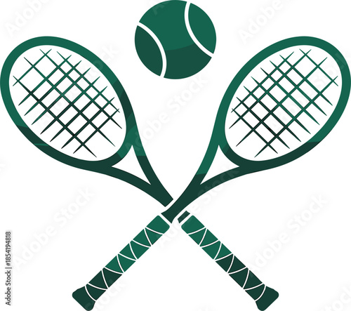 Crossed tennis rackets with a tennis ball vector illustration in dark green for sports club logo and equipment design