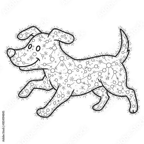 Playful Dog Silhouette Filled with Starry Cosmic Pattern – Cute Running Dog Line Art Illustration
