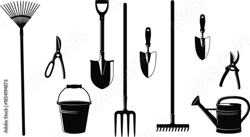 Black and white garden tools silhouette set with rake shovel fork pruner watering can bucket isolated vector icons