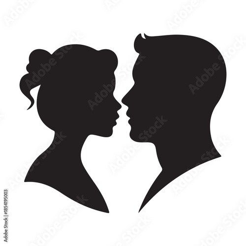 A striking black silhouette depicts a couple closely embracing their faces nearly touching in a tender moment
