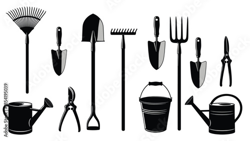 Garden tools silhouette set including shovel rake fork trowel watering can bucket pruners isolated black vector illustration on white background