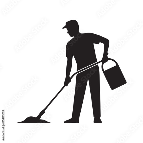A silhouetted depiction of a worker with a mop and bucket representing cleaning or janitorial services