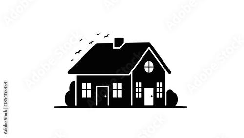 Black and white silhouette of a cozy house with a chimney and small birds flying above, surrounded by bushes, on a clean white background.