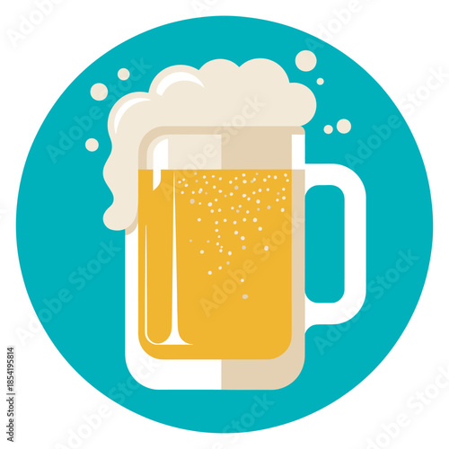 Refreshing beer mug with frothy foam bubbles, ranked as flat design circle graphic icon, ideal for beverage apps, bar signage, and playful food and drink illustrations.