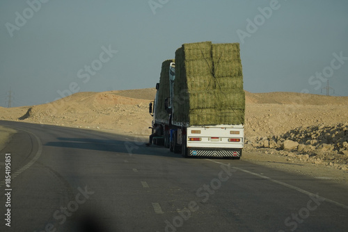 Load securing and traffic hazards. An overloaded truck with hay bales stacked high and inadequately secured against tipping. Federal highway between Al Kosair and Qena in Northern Egypt, Africa.