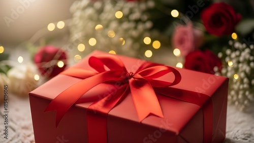 Wallpaper Mural Festive red gift box with a lovely red bow, surrounded by shimmering fairy lights and elegant flowers, perfect for heartfelt romantic gestures and celebrations Torontodigital.ca