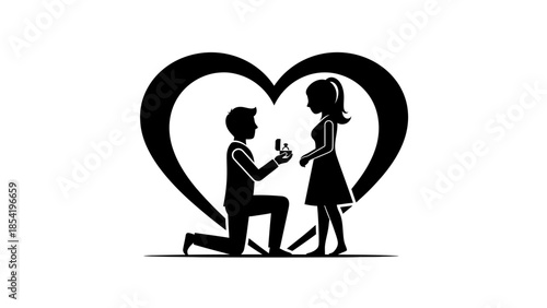 Romantic marriage proposal with man kneeling and offering ring to woman inside a heart shape, black and white silhouette.