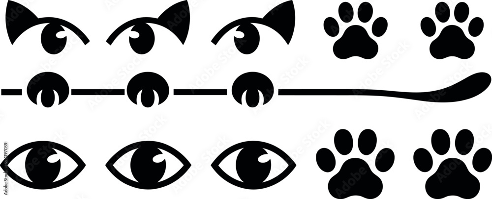 Fototapeta premium black cat face and paw icons on white background