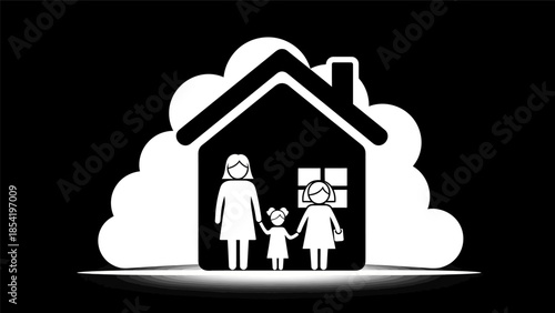 Illustration of a family, mother and two children, standing inside a house, symbolizing home and family life.