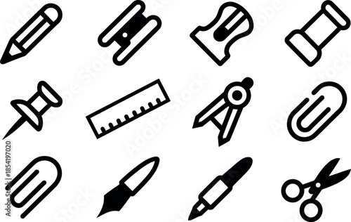 black and white icons of office supplies and stationery items