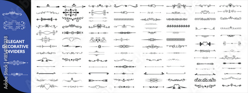Elegant decorative dividers, ornate line separators, vintage flourish designs, whimsical borders, and charming embellishments for creative projects. Elegant big set design.