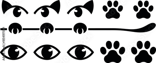 black cat face and paw icons on white background